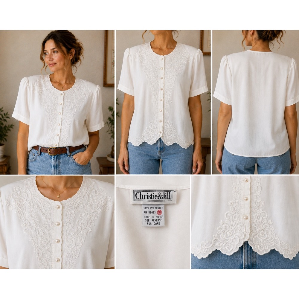 Christie & Jill Blouse Womens 16 White Embroidered Lace Pearl Button Vintage Top